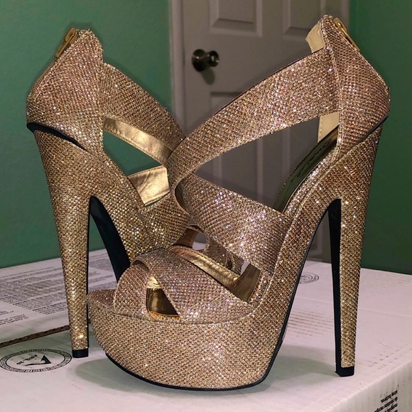 Qupid Champagne Platform Stiletto Jeweled Heels - Picture 1 of 4